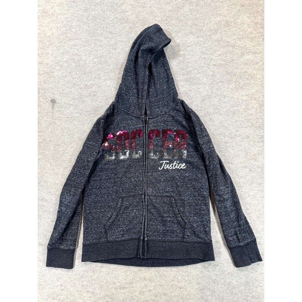 Justice Active Soccer Sequin Hoodie Girls 8/10 Heather Gray Fleece Zip 707979